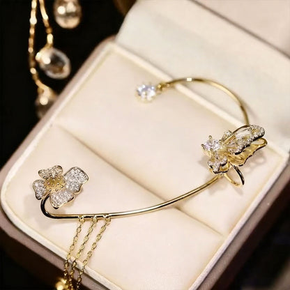 Nuevo modelo, elegante y moderno, pendientes de mariposa y flor con diamantes brillantes, pendientes sin perforación para mujeres, con borlas.
