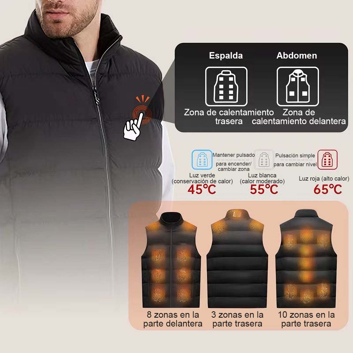 Chaleco térmico de invierno para hombre con doble interruptor y 9 zonas de calefacción, calentamiento inteligente con grafeno, cuello alto y diseño grueso, alimentado por batería.