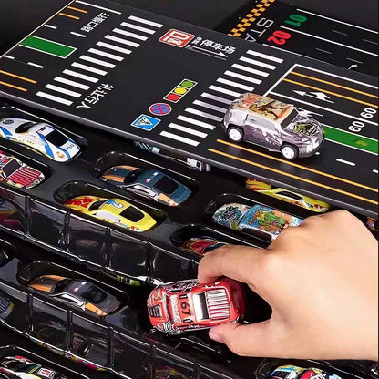 Detská darčeková sada kovových kontajnerových áut – realistické malé autíčka s pohonom na spätný ťah a mini parkoviskom, ideálne pre chlapcov.