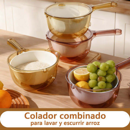 Nuevo colador multifuncional de cocina Taomi: lava arroz y verduras sin ensuciar las manos, mango ergonómico, cesta para escurrir frutas y vegetales.