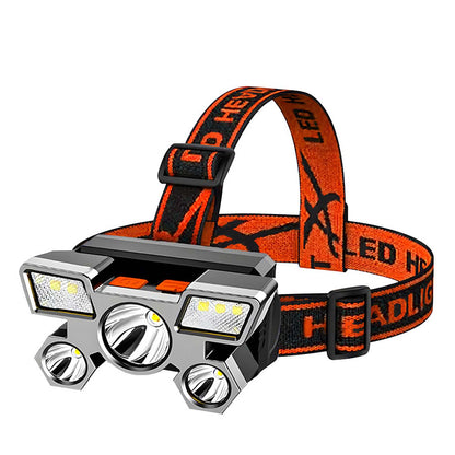 Nueva lámpara frontal LED de alta potencia con 5 luces, lámpara tipo avión, recargable por USB, lámpara de cabeza pequeña para exteriores y minería.