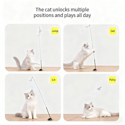 Juguete para gatos con ventosa de succión fuerte, varita de plumas de vara larga para juego autónomo, resistente al mordisco y antiedad para gatos.