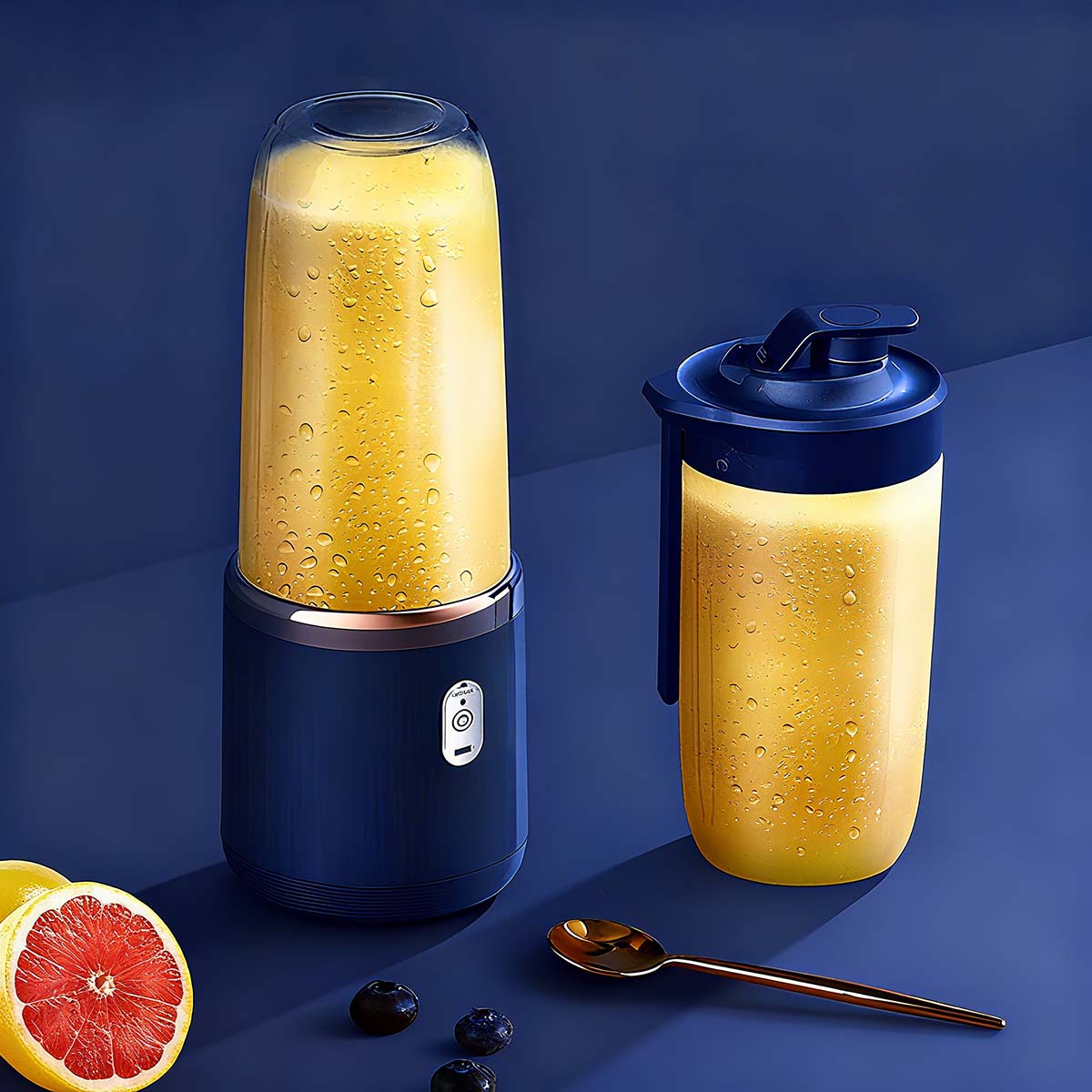 Licuadora exprimidora portátil multifuncional, vaso para jugo recargable con función de batidora y exprimidor.