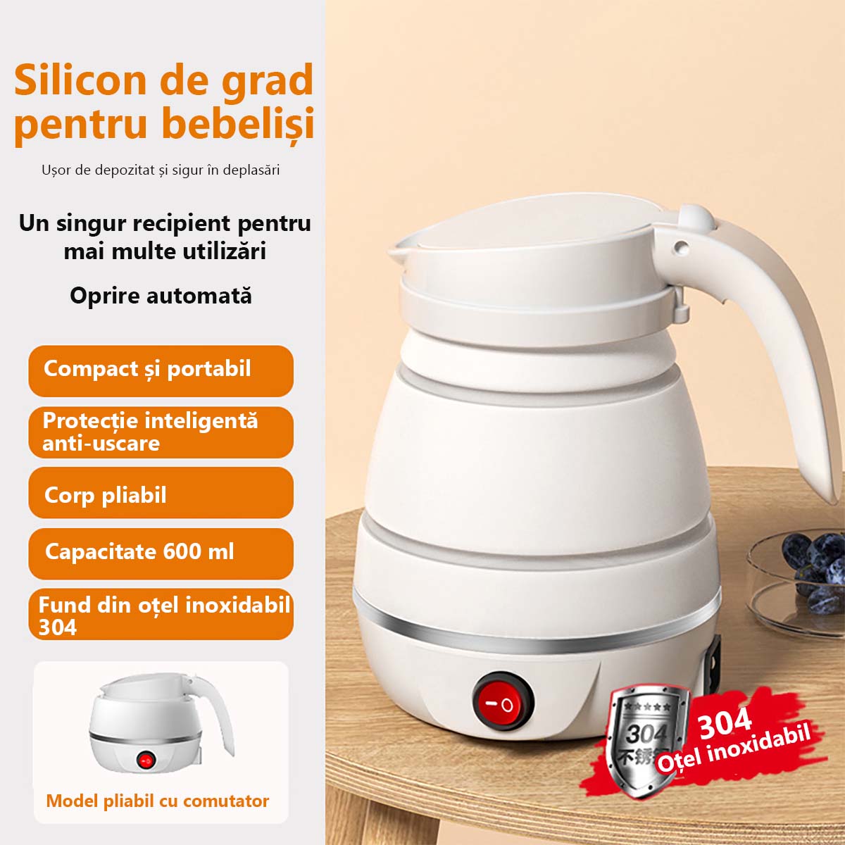 Călătorie portabilă pliabilă pentru apă fierbinte | Ceainic mic, pentru călătorii, acasă, mini-cană termoizolantă, fierbător de apă pentru dormitor.