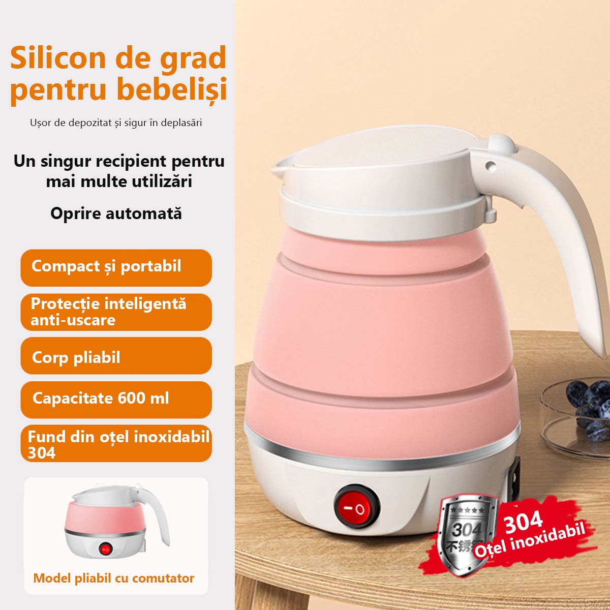 Călătorie portabilă pliabilă pentru apă fierbinte | Ceainic mic, pentru călătorii, acasă, mini-cană termoizolantă, fierbător de apă pentru dormitor.