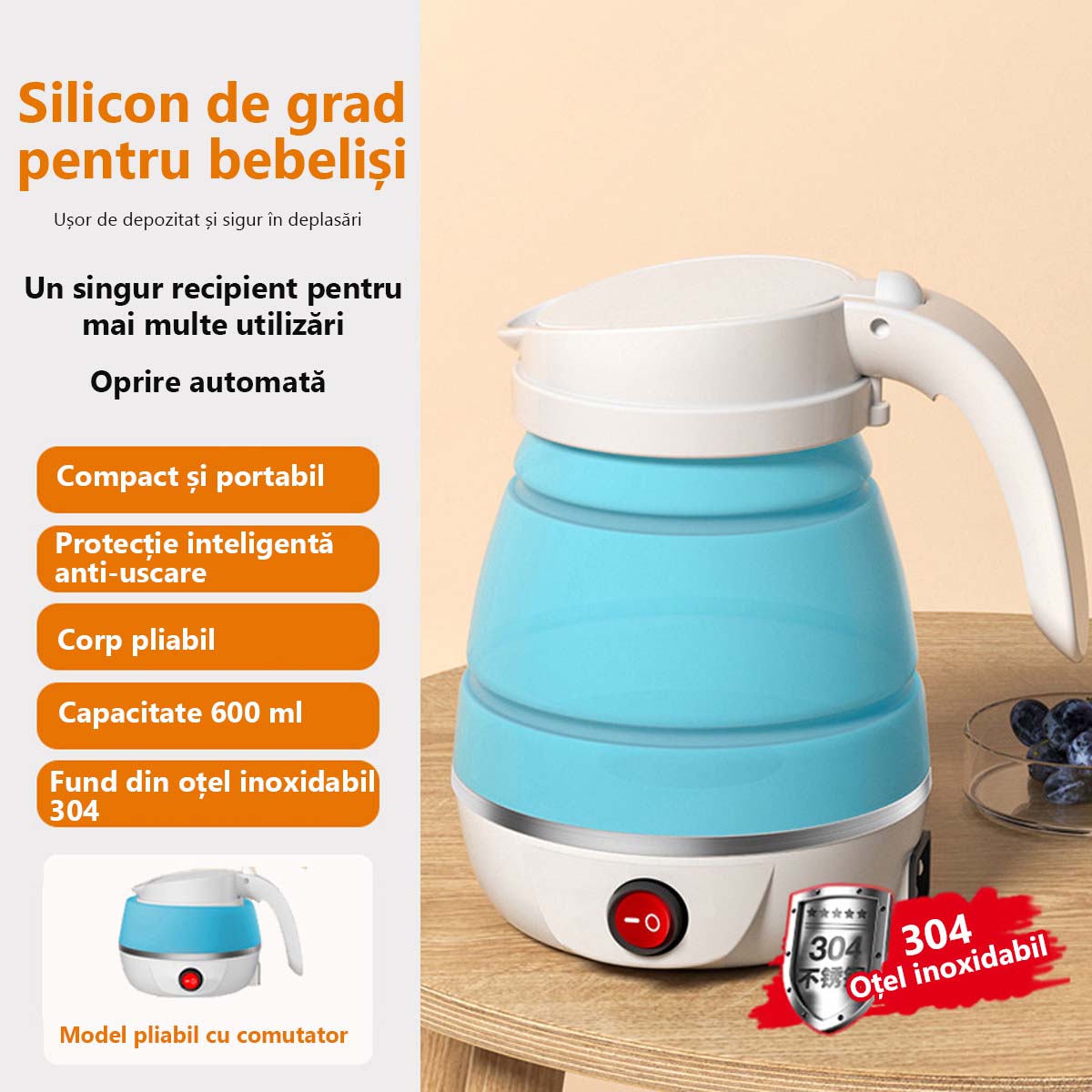 Călătorie portabilă pliabilă pentru apă fierbinte | Ceainic mic, pentru călătorii, acasă, mini-cană termoizolantă, fierbător de apă pentru dormitor.