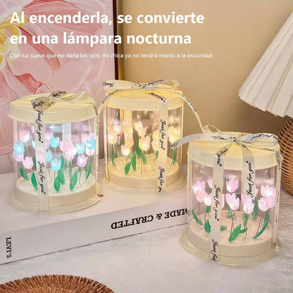 Nueva lámpara nocturna creativa en forma de tulipán, kit de materiales DIY hecho a mano, caja tipo pastel, lámpara ambiental con efecto de “mar de flores”, de aspecto romántico y elegante.