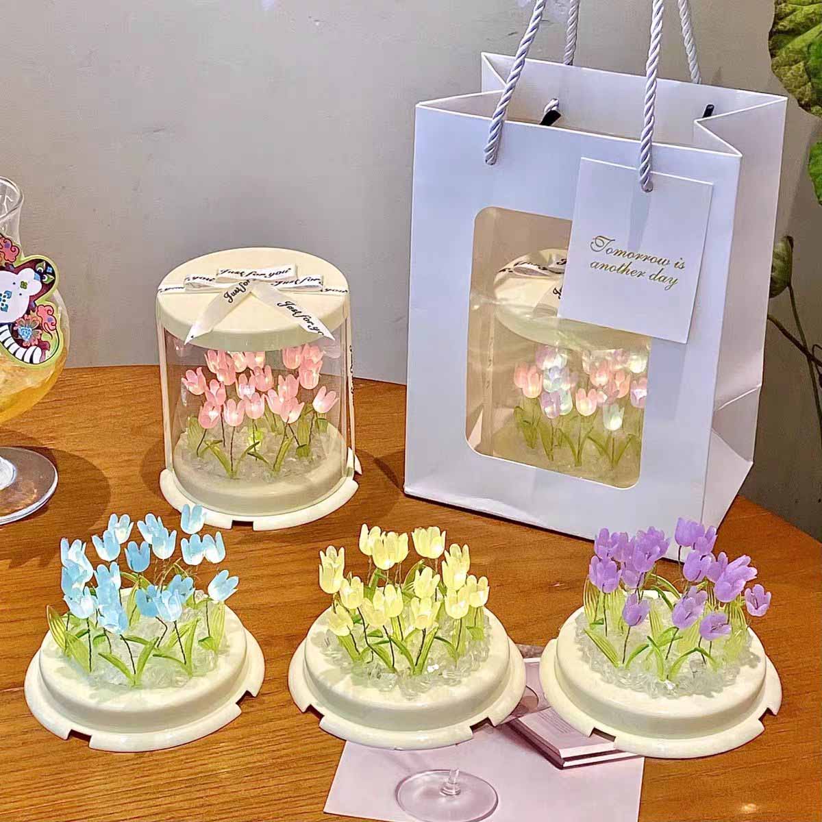 Nueva lámpara nocturna creativa en forma de tulipán, kit de materiales DIY hecho a mano, caja tipo pastel, lámpara ambiental con efecto de “mar de flores”, de aspecto romántico y elegante.