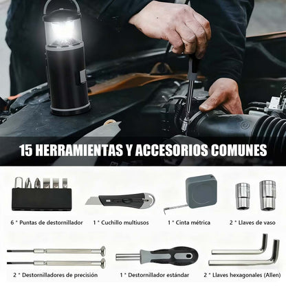 Conjunto creativo de herramientas y lámpara portátil para exteriores y uso doméstico: lámpara de camping tipo farol y juego de herramientas de ferretería