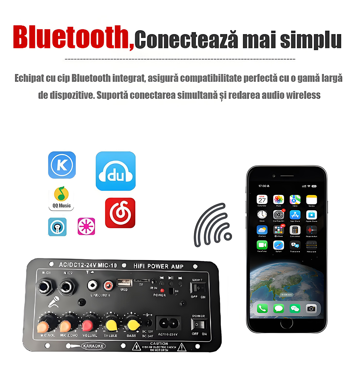 Amplificator auto Bluetooth cu intrare card, 12 V / amplificator de mare putere 24 V – placă de bază