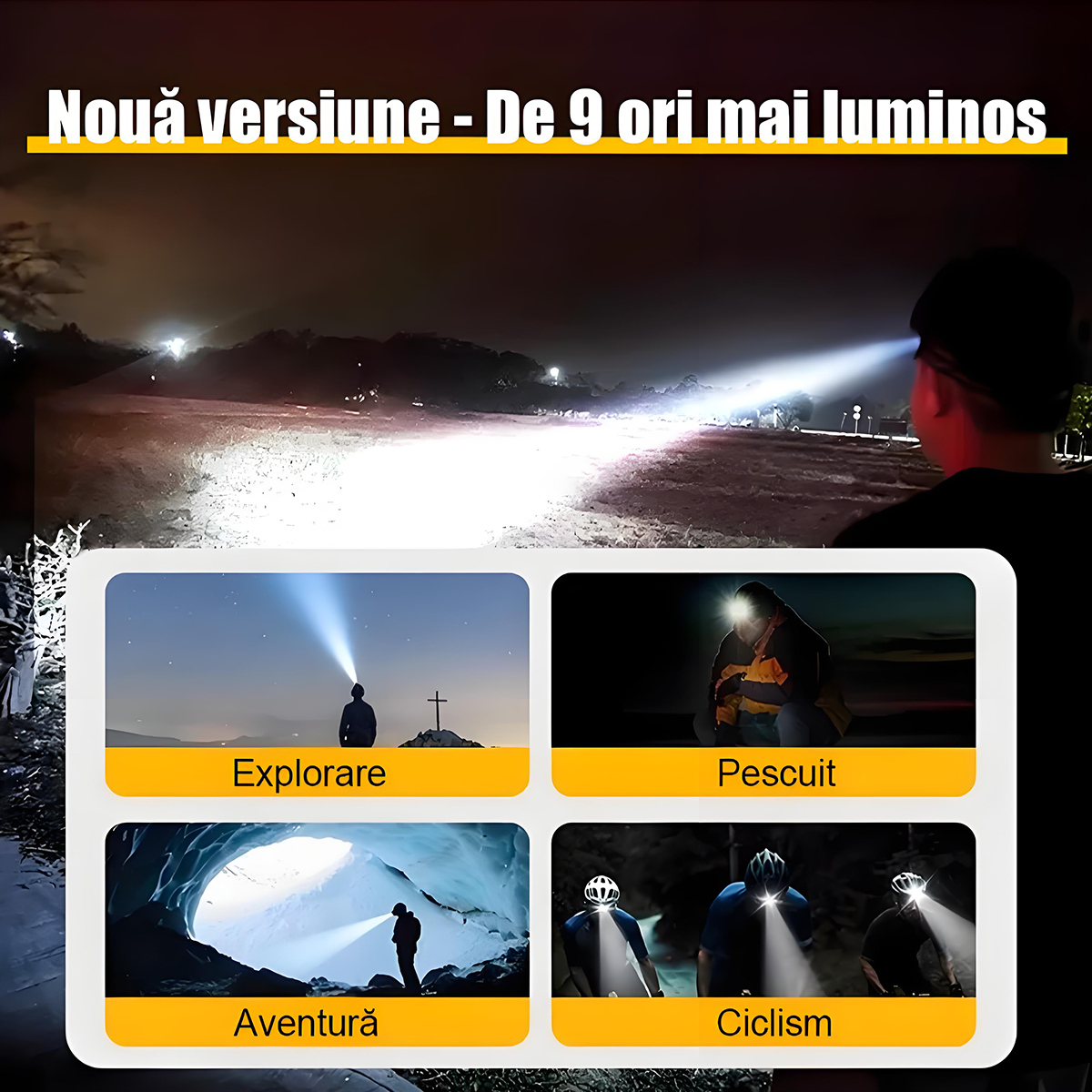 Lampă frontală inteligentă cu senzor, multifuncțională, cu multiple surse de lumină, reîncărcabilă, pentru exterior.