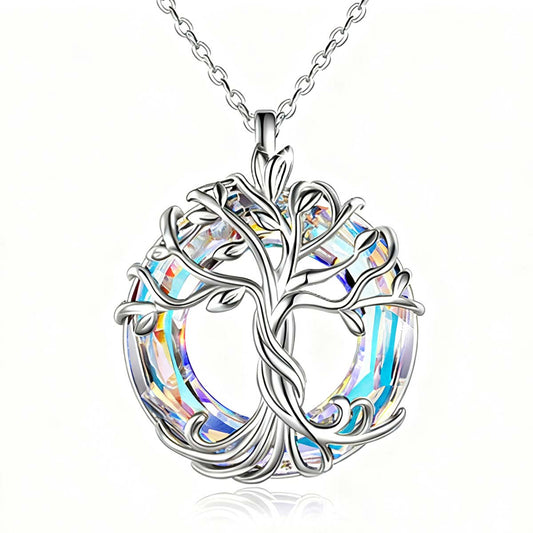 "Collar de cristal del árbol de la vida, colgante de cristal con anillo circular de colores incrustado en aleación."