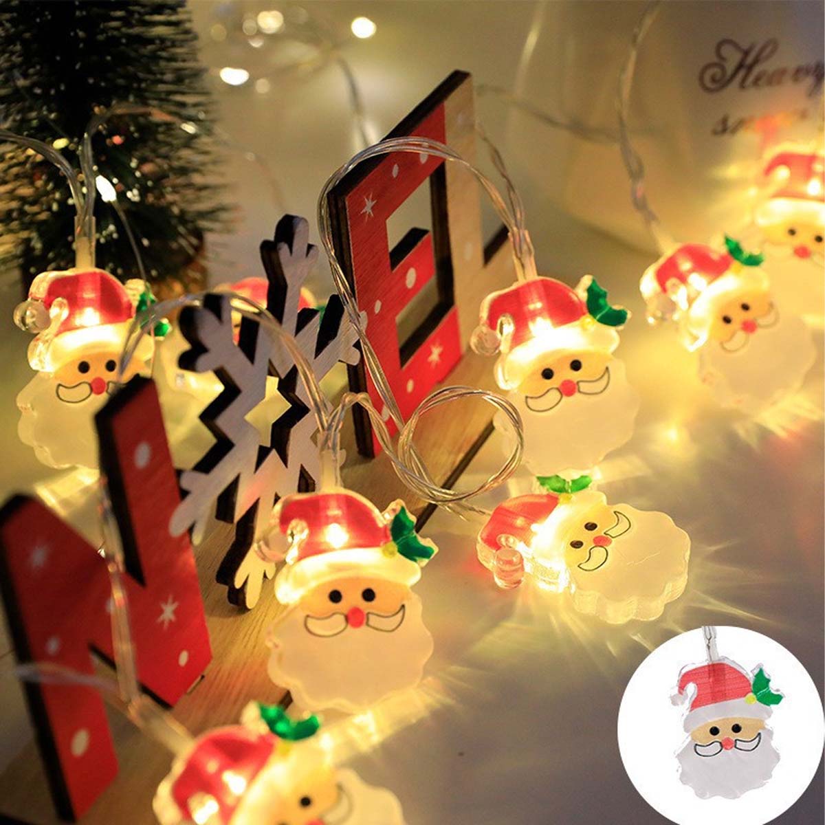 Guirnalda LED navideña con figuras de muñeco de nieve y Papá Noel, luces intermitentes de personajes de dibujos animados, decoración luminosa para escenas de fiestas.