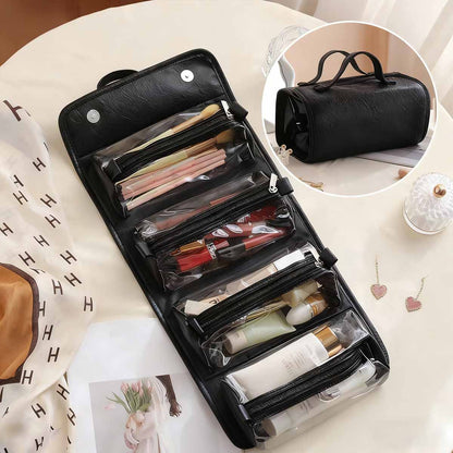 Bolso de maquillaje colgante y desmontable para personas perezosas; bolso de almacenamiento plegable y portátil de cremoso para viajes, que combina cuatro funciones en uno (maquillaje y aseo).